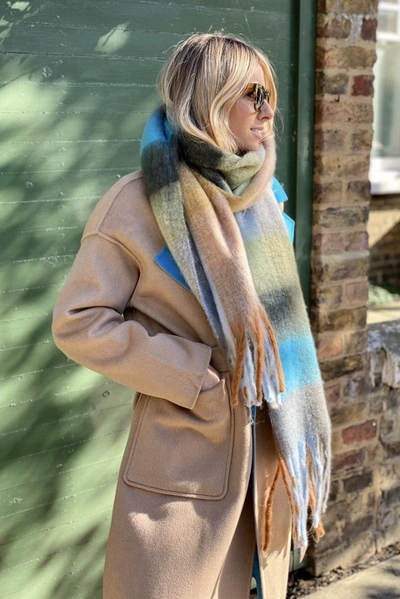 Libby Loves Lennie Check Scarf Camel/turquoise  In Multi