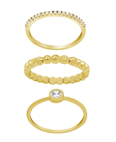 Essentials Gold Plated 3-piece Clear Cubic Zirconia And Band Ring Set In Gold-plated