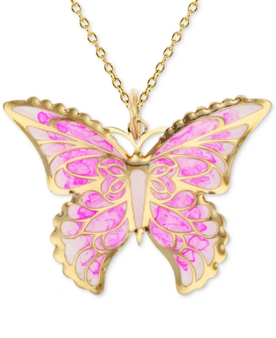 Macy's Enamel Ombre Butterfly 18" Pendant Necklace In 14k Gold