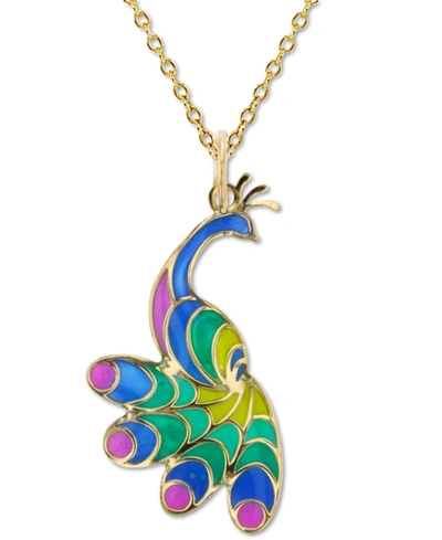 Macy's Enamel Peacock 18" Pendant Necklace In 14k Yellow Gold