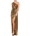 Mac Duggal Leena Metallic Asymmetric Wrap Gown In Antique Gold