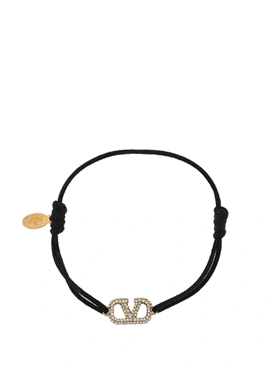Valentino Garavani Crystal V Logo Slim Adjustable Bracelet In Black