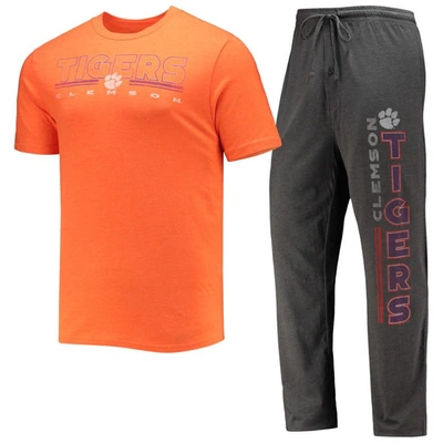 Concepts Sport Men's  Heathered Charcoal, Orange Clemson Tigers Meter T-shirt And Pants Sleep Set In Heathered Charcoal,orange