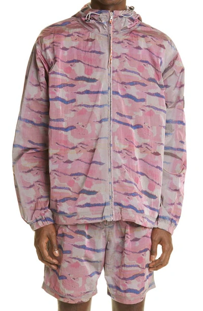 Aries Windcheater Tiger Print Hooded Nylon Jacket In Pink