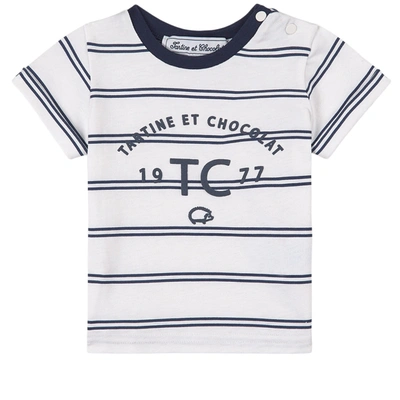 Tartine Et Chocolat Kids' Logo Striped T-shirt White In Blue