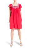 Max Studio Embroidered Flutter Sleeve Shift Dress In Red Starburst Embroider