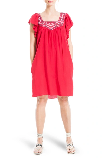 Max Studio Embroidered Flutter Sleeve Shift Dress In Red Starburst Embroider