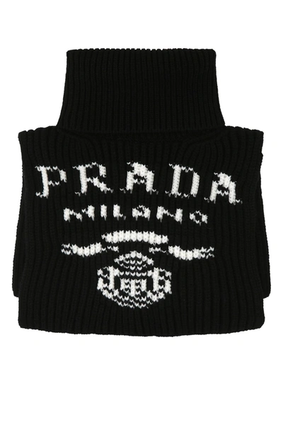 Prada Logo Intarsia Knit Neckwarmer In Black