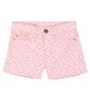 Versace La Greca Print Cotton Denim Shorts In Candy+bianco