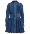 Alexander Mcqueen Pleated Denim Shirt Minidress In Medium Wash