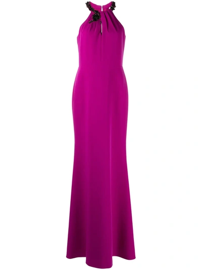 Marchesa Notte Keyhole Neck Halter Gown In Purple