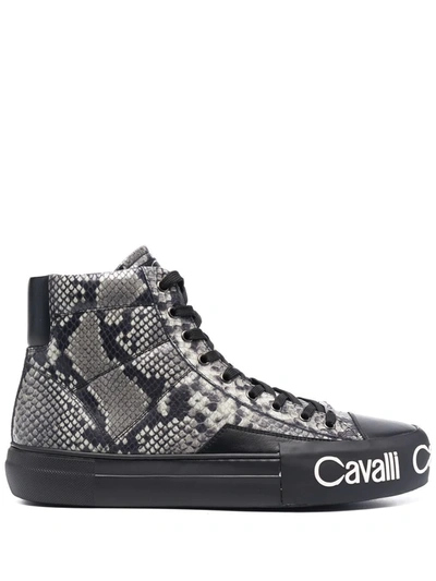 Roberto Cavalli Snake-effect Leather High-top Trainers In Black