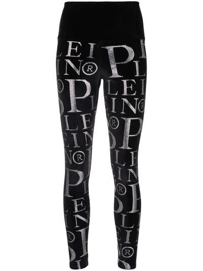 Philipp Plein Logo印花高腰丝绒打底裤 In Black