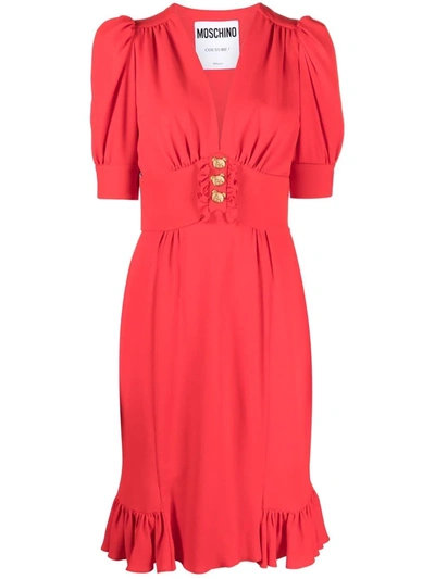 Moschino Silk Blend Dress With Iconic Gold Metal Detail - Atterley In Red