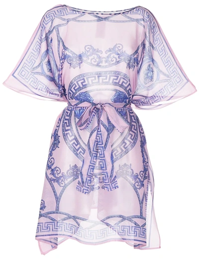 Versace Barocco Print Beach Silk Dress In Pink Blue