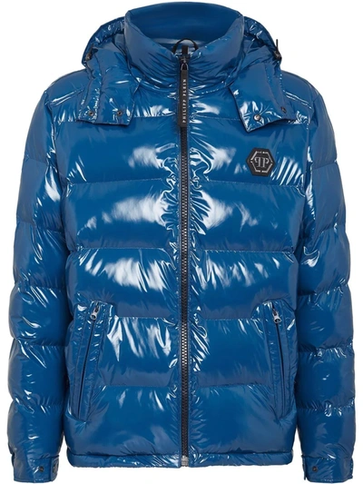 Philipp Plein High-shine Padded Jacket In Blue