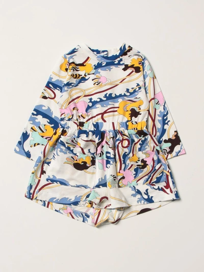 Emilio Pucci Babies' Playsuit With Abstract Print In Bianco-blu