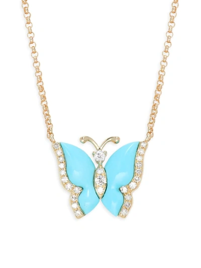 Effy Women's 14k Yellow Gold, Turquoise & Diamond Butterfly Pendant Necklace