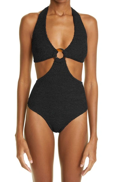 Hunza G Ursula Black Cut-out Seersucker Swimsuit