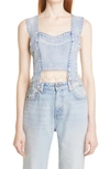 Ganni Cropped Bead-embellished Organic Denim Top In Tint Wash