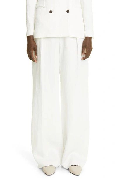Brunello Cucinelli Linen & Cotton Wide Leg Corset Pants In White