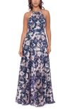Betsy & Adam Metallic Floral Halter Top Gown In Navy/gold Floral