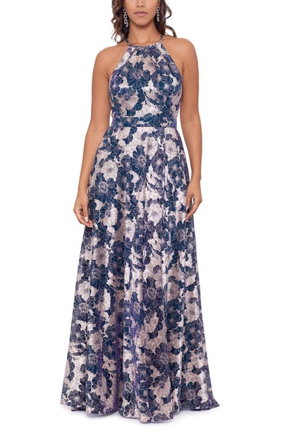 Betsy & Adam Metallic Floral Halter Top Gown In Teal/ Gold