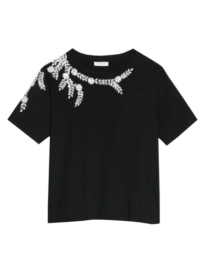Sandro T-shirt With Embroidery And Rhinestones In Black
