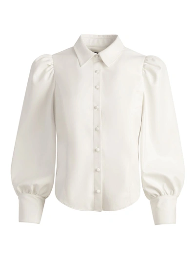 Alice And Olivia Nadine Puff-sleeve Vegan Leather Blouse In Off White
