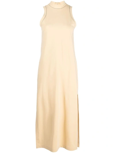 Brunello Cucinelli Monili-trim Mock-neck Cotton Midi Dress In C8612 Rusted Gold