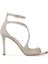 Jimmy Choo Azia Platinum Glittered Leather Sandals In Pastel