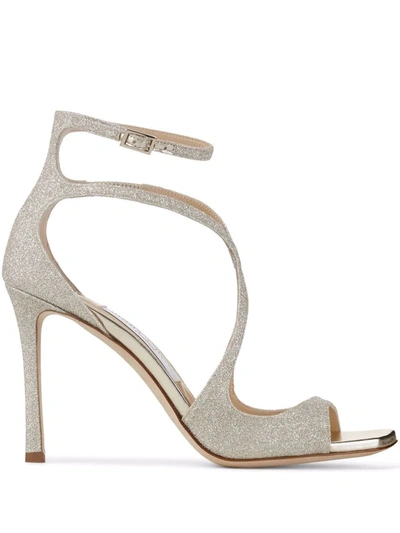 Jimmy Choo Azia Platinum Glittered Leather Sandals In Gold