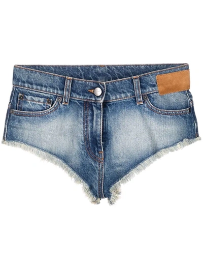 Palm Angels Frayed Hot Denim Shorts In Blue Brown