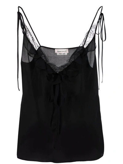 Alexander Mcqueen Black Tank Top With Lace And Ruffles