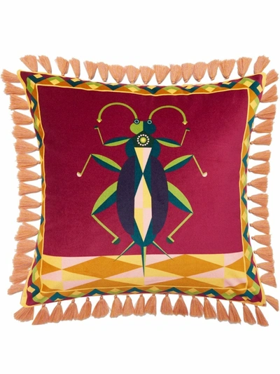 La Doublej Insect-print Velvet Cushion In Cricket