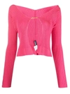 Jacquemus Pralù Cropped Embellished Ribbed-knit Cardigan In Rosa