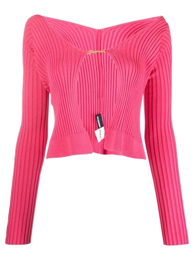 Jacquemus Pralù Cropped Embellished Ribbed-knit Cardigan In Pink