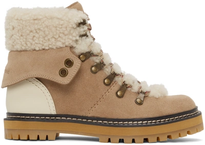See By Chloé Eileen Mixed Leather Shearling Hiker Booties In Beige,ivory