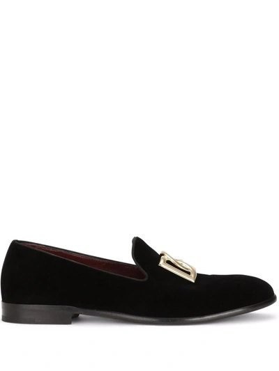 Dolce & Gabbana Dg-logo Velvet Slippers In Black