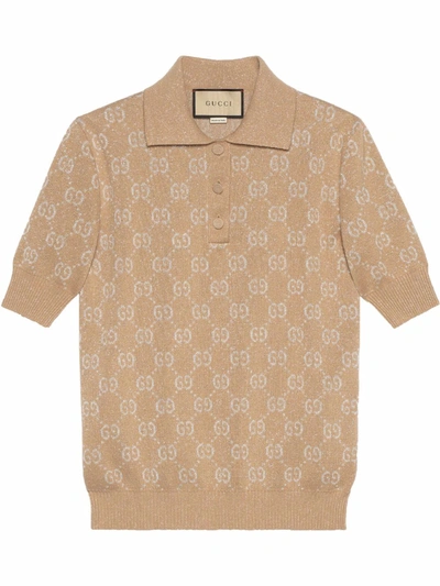 Gucci 棉质提花金银丝logo针织polo衫 In Nude & Neutrals