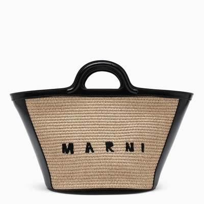 Marni Raffia And Black Leather Logo-embroidery Tote Bag In Beige