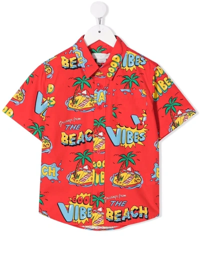 Stella Mccartney Kids' Good Vibes-print Short-sleeve Shirt In Rosso/multicolor