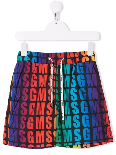 Msgm Multicolor Print Teen Boy Bermuda Shorts In Black