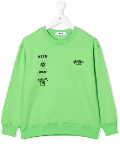 Msgm Kids' Multi-logo Cotton Sweatshirt In Apple Green