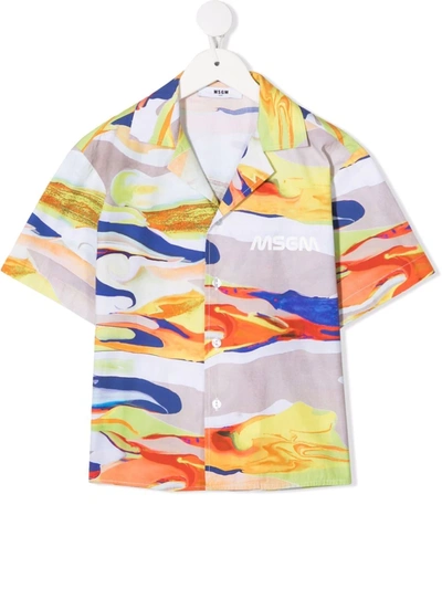 Msgm Kids' Fluid-print Cuban Shirt In Orange