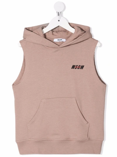 Msgm Teen Box Logo-print Sleeveless Hoodie In Beige