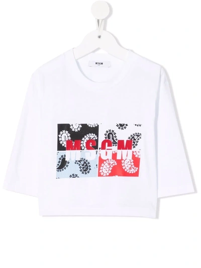 Msgm Kids' Patchwork Logo-print 3/4-sleeve T-shirt In White