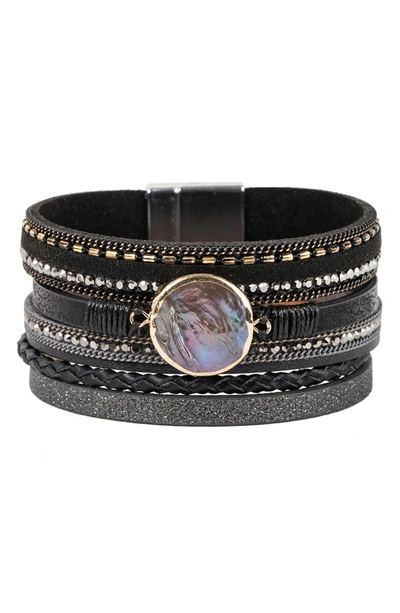 Saachi Galaxy Pearl Leather Strand Magnetic Bracelet In Black