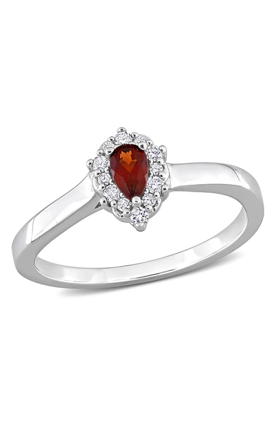 Delmar Sterling Silver Diamond Halo Pear Garnet Ring In Red