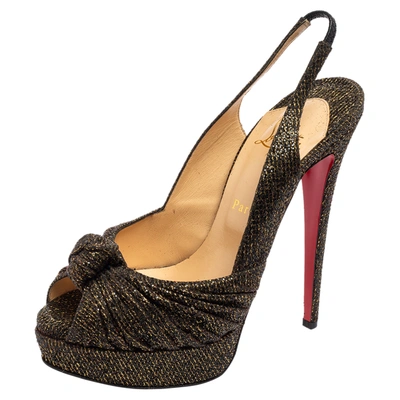Pre-owned Christian Louboutin Black/gold Glitter Fabric Jenny Knotted Slingback Platform Sandals Size 39